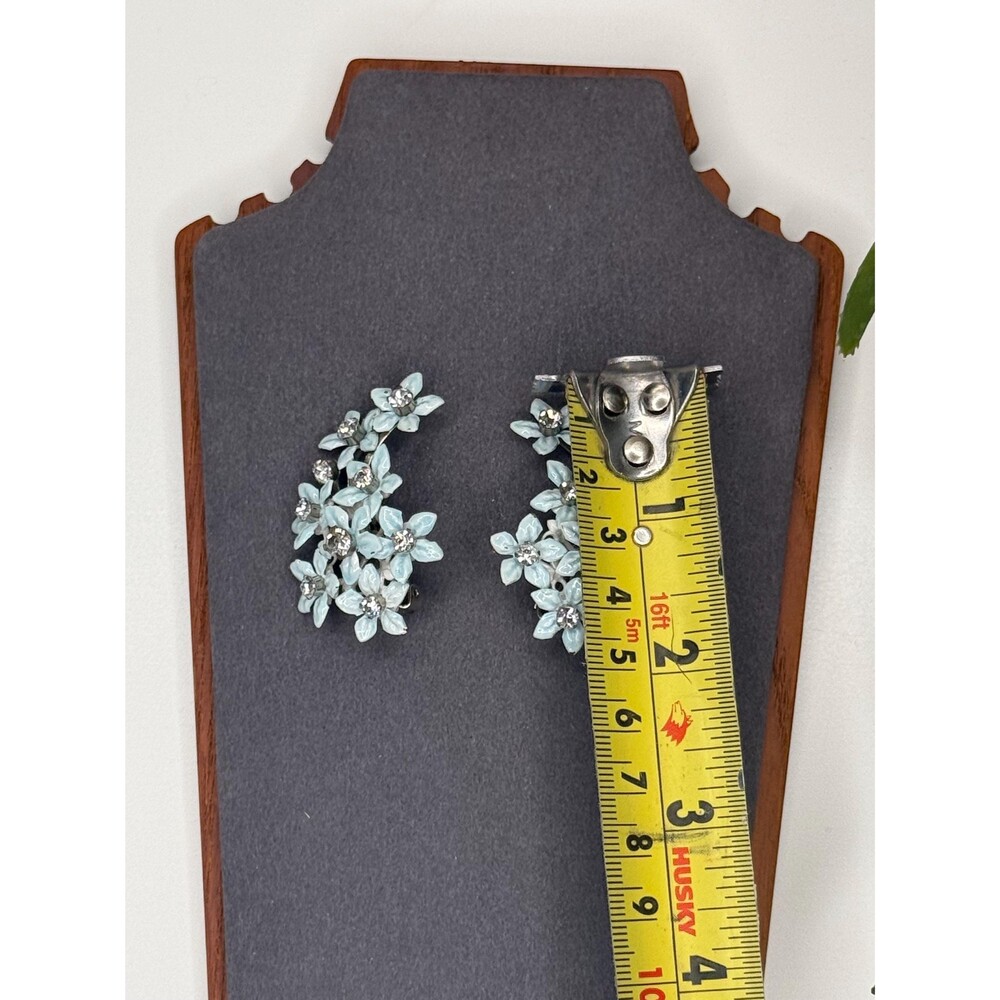 Vintage Coro Blue Enamel Flower Rhinestone Earrings | 1950s Floral Clip Ons - Picture 9 of 10